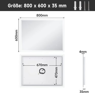 Дзеркало для ванної кімнати SONNI з підсвічуванням 80x60 см, 3 кольори світла, проти запотівання, LED, сенсорна кнопка, годинник, температура, 3-кратне збільшення
