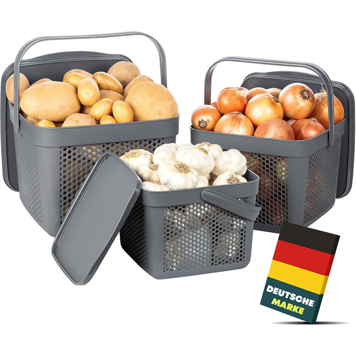 Набір контейнерів для зберігання картоплі, цибулі та часнику Uandu, 3 шт. (5L+8L+12L), сірий