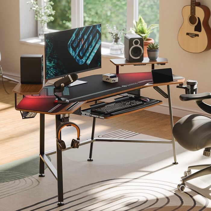 Ігровий стіл EUREKA ERGONOMIC 160x74 см з крилами для геймінгу, PC, Home Office, Live Streaming, 2 слоти для iPad, горіховий колір