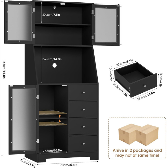 Кухонна шафа HOCSOK 163 см з робочою поверхнею, буфет, шафа для зберігання продуктів, 3 двері та 4 шухляди, висока шафа для кухні, вітальні, їдальні, бару, білий (чорний)