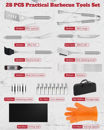Набір гриль-посуду 28 предметів з нержавіючої сталі, професійний аксесуар для гриля з сумкою, подарунок на День народження/Різдво для чоловіків, для саду та кемпінгу, BBQ