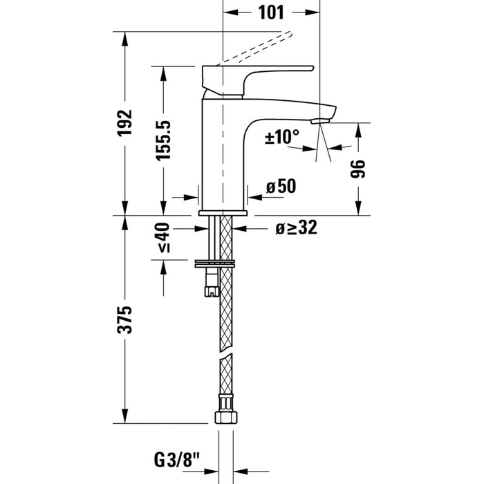 Змішувач для ванної кімнати Duravit B.1, висота виливу 110 мм, керамічна картридж, хром (без зливного механізму)