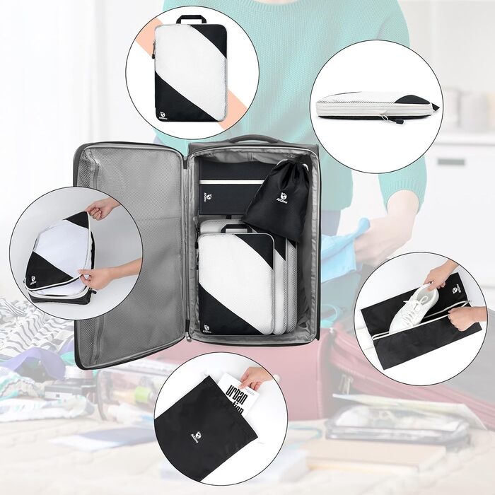Набір компресійних органайзерів для одягу AiQInu, 5 шт, дорожні сумки-пакувальники з мішком для взуття та білизни, ультралегкі розширювані органайзери для валізи та ручної поклажі (Чорний)