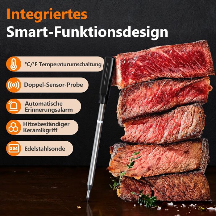 Бездротовий термометр для м'яса AIRMSEN з LCD-дисплеєм, водонепроникний (IPX8), для приготування на грилі, в духовці та BBQ, Bluetooth, 150м, керування через додаток, керамічна ручка, для гриля, духовки та BBQ, колір: дерево
