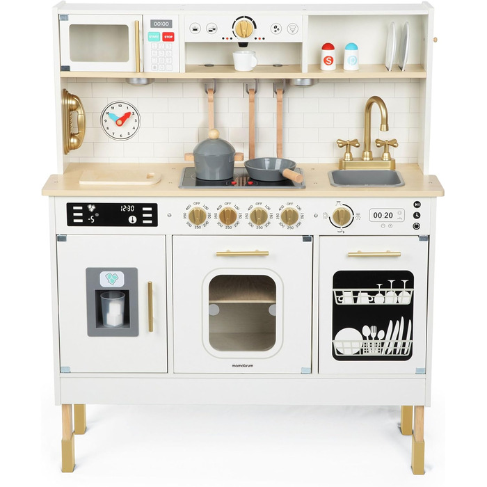 Дерев'яна дитяча кухня Mamabrum з LED-підсвічуванням - ігровий набір кухонь з регульованою висотою, з приготуванням кубиків льоду, мікрохвильовою піччю, плитою та посудомийною машиною. Іграшка для дітей від 3 років