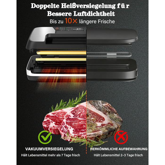 Вакууматор для продуктів 12-в-1 (95 kPa) з подвійним швом, системою Easy-Lock та вбудованим різаком, сріблястий