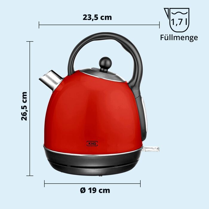 Чайник KHG WK-1711 (R) Червоний, чайник 1,7 літра, основа 360, знімний фільтр від накипу, світловий індикатор увімкнення, індикатор рівня води, автоматичне вимкнення, захист від википання та википання (комплект із тостером)