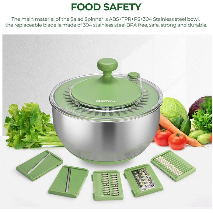 Салатниця-центрифуга з нержавіючої сталі SUSTEAS з 5 лезами, велика миска для миття овочів та фруктів, сушка для салату та зелені