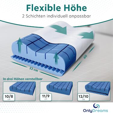 Ортопедична подушка для шиї OnlyDreams з гелевим шаром | Регульована висота та жорсткість | Чохол з алое вера | Підходить для всіх положень сну - Oeko-Tex