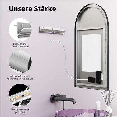 Дзеркало для ванної кімнати LED HOKO Design Turin, овальне, 45x75 см, матовий чорний каркас, сенсорне керування, світлодіодне підсвічування, зміна кольору світла (тепле/холодне/нейтральне), антизапарювання