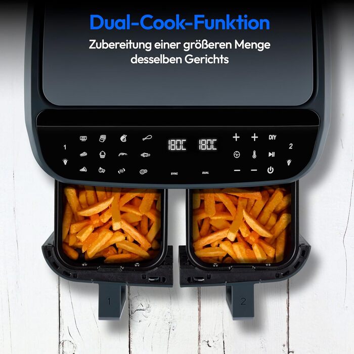 MEDION P20 XXL Фритюрниця з гарячим повітрям з 2 камерами (8,7 л, Airfryer, 2600 Вт, подвійна камера, 10 автоматичних програм, 2 висувні ящики, віконце, Dual Airfryer, ILAG PFAS-free, MD11760) матово-білий, матово-сірий