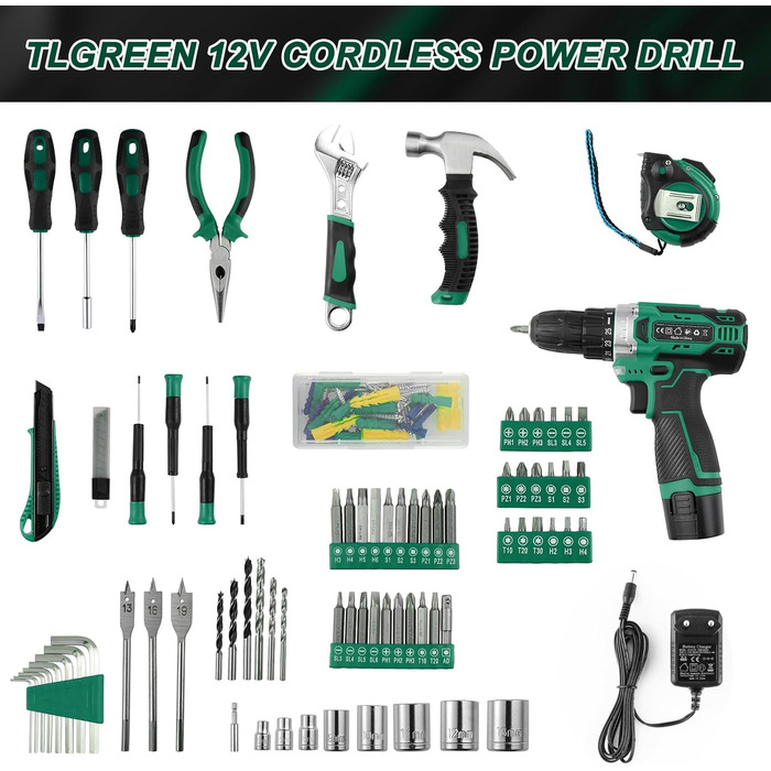 Набір інструментів TLGREEN з акумуляторною викруткою 12V, 138 предметів: для ремонту, побуту та DIY