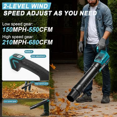 Акумуляторний повітродув безщітковий сумісний з Makita 18V (без акумуляторів), для прибирання та догляду за газоном, швидкість повітря 80 м/с