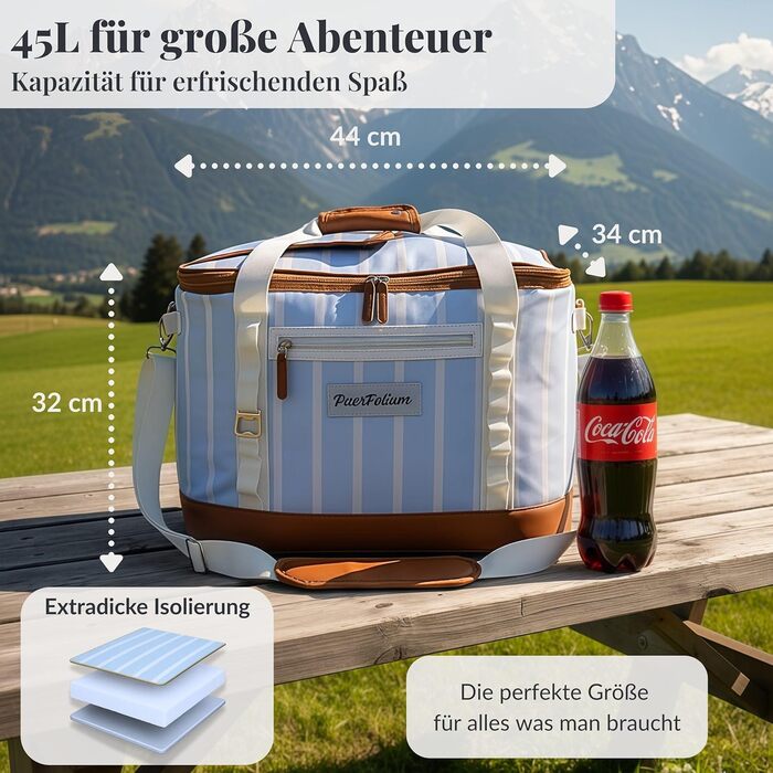 Термосумка-холодильник велика 45л XXL блакитна для пікніка, пляжу, авто, кемпінгу. Ізотермічна сумка-холодильник, складана, ретро