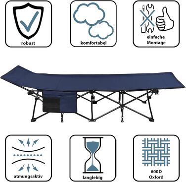 Розкладне кемпінгове ліжко ALPIDEX до 200 кг з м'яким матрацом та бічною кишенєю, синій