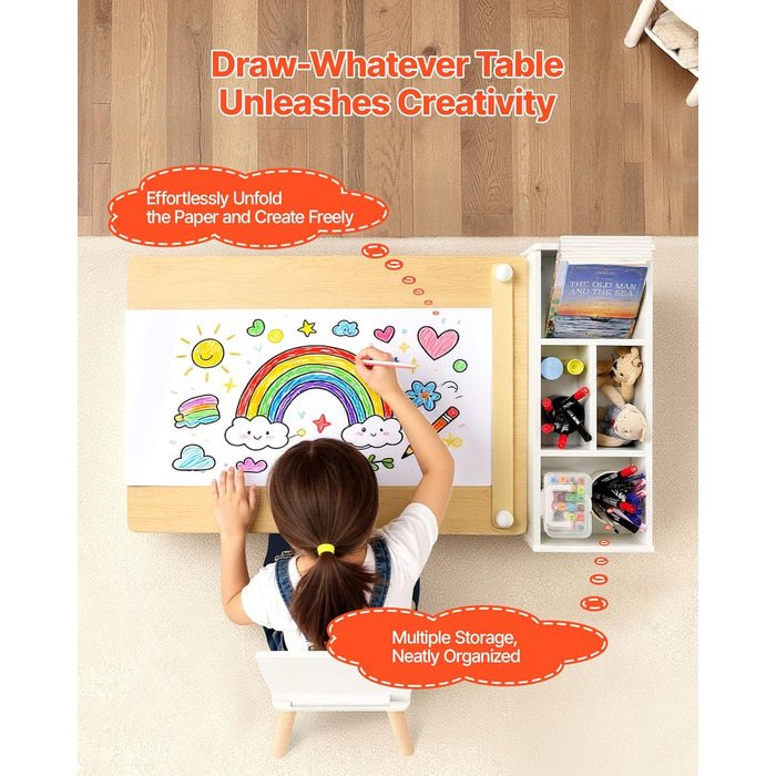 Дитячий стіл VEVOR з 2 стільцями та шафкою 3 ящики, набір для малювання, читання, письма, ігор, дитяча кімната, дитячий садок, білий + натуральне дерево, сучасний дизайн