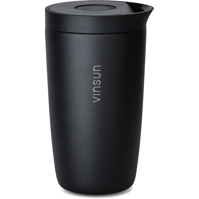 Термокружка VINSUN 350 мл, не протікає, з нержавіючої сталі, для гарячих та холодних напоїв, з Quick Press кришкою, для авто, університету (Чорний)