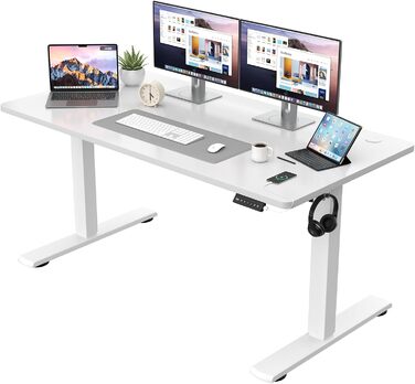 Регульований за висотою стіл JUMMICO з підсвічуванням, 140 x 60 см, білий. Електричний стіл з пам'яттю, для роботи стоячи та сидячи, комп'ютерний стіл.