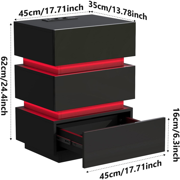 Нічний столик з розеткою та LED, нічний комод з функцією зарядки та USB, 2 шт. (45x35x46/62 см, чорний)