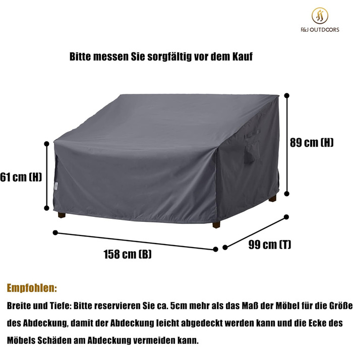 Захисний чохол для саудового дивана F&J Outdoors, водонепроникний, стійкий до УФ-випромінювання, сірий, 208x99x61/89 см