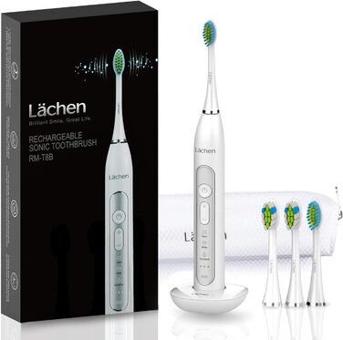 Електрична зубна щітка Lächen Sonic з 4 насадками, таймером, 3 режимами та 3 рівнями вібрації, у чохлі для подорожей (A-weiß)