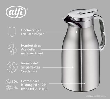 Термос Alfi SKYLINE 1,5л з нержавіючої сталі з вбудованим скляним вкладишем, поворотний замок з зручною кнопкою, ергономічна ручка, для використання однією рукою, ідеальний як кавоварка