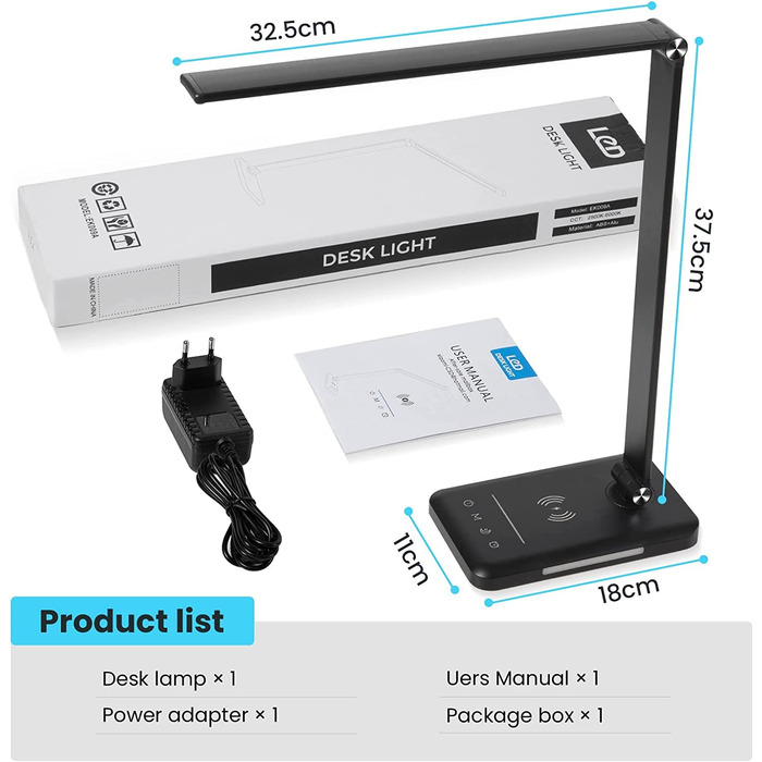 Світлодіодна настільна лампа з бездротовою зарядкою 10 Вт, функцією зарядки USB, настільна лампа для офісу з 10 рівнями яскравості x 5 кольорів, зручним регулюванням яскравості світлодіодів, чутливим управлінням, автоматичним таймером на 30/60 хвилин (C-Ч