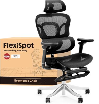 Офісний стіл FLEXISPOT ErgoX з регульованою спинкою, підлокітниками та підголівником. Максимальне навантаження: 130 кг. Чорний колір.