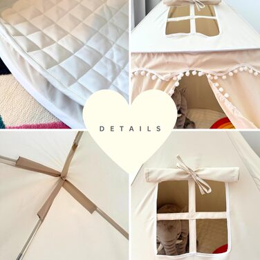 Намет для дітей Tipi з м'якого бавовняного полотна Silky-Cotton | Бежевий, 1 вхід, 3 вікна, Tasche & Bodenmatte | Стабільний намет-іграшка для хлопчиків та дівчаток