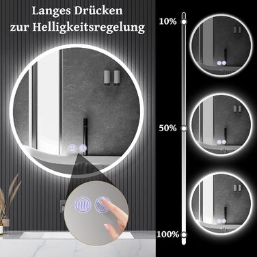 Дзеркало для ванної кімнати кругле LED з підсвічуванням 60 см, IP44. Кругле дзеркало з LED підсвічуванням для ванної кімнати, сенсорне керування, 60x60 см