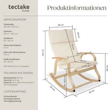 Гойдалка-крісло Tectake з підлокітниками, бежеве - для вітальні, дитячої, годування, спальні (до 150 кг) з подушкою