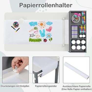 Дитячий столик та 2 стільчики DREAMADE 2-в-1 з паперовою рулонною полицею та 4 текстильними боксами для зберігання, дерев'яний дитячий куточок для малювання та ігор у дитячу кімнату (Сірий)