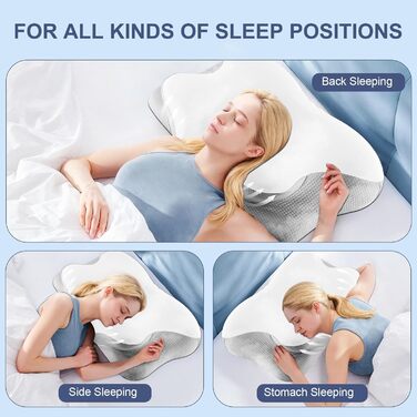 Ортопедична подушка для шиї Donama з memory foam, для сну та зняття болю в шиї та плечах, ергономічна подушка для сну на боці, спині та животі, білий/сірий колір, розмір 61x39x12 см