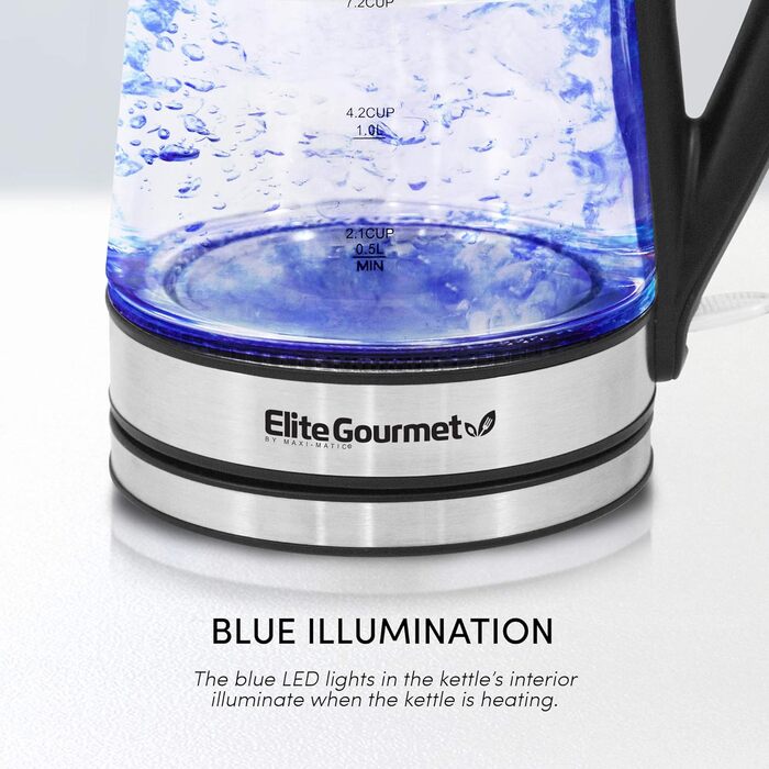 Електричний скляний чайник Elite Gourmet EKT-602 без бісфенолу А, акумуляторна основа на 360, стильний синій світлодіодний салон, зручне автоматичне відключення швидке кип'ятіння води, нержавіюча сталь