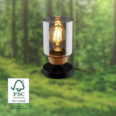 Приліжкова лампа, димчасте скло, настільна лампа з кабельним вимикачем, настільна лампа E14 для домашнього офісу, лампа для читання, чорне дерево (форма - циліндр)