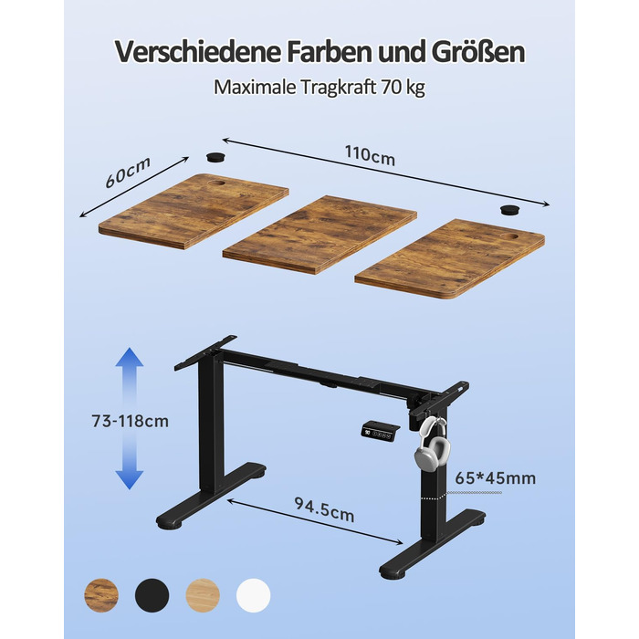 Електричний регульований стіл Devoko 120x60 см, стабільний офісний стіл, стіл для стоячи/сидячи, комп'ютерний стіл з функцією пам'яті, (Коричневий)
