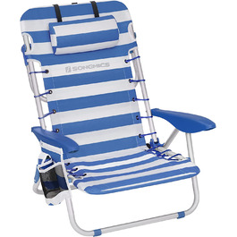 Пляжне крісло SONGMICS, Крісло для кемпінгу, Розкладне крісло, Відкритий стілець, Портативний, з плечовими ременями, Складний, Регульована спинка, З Підголівником, Підлокітники, 2 бічні кишені, Синьо-білий GCB62BU Синій Білий Смугастий