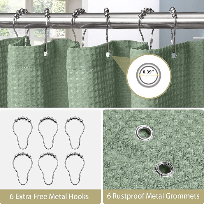 Вафельна фіранка для душу з металевими кільцями, тканинна текстильна завіса для ванни, набір водонепроникних завісок для ванної, щільна завіса для душу, ванна кімната-92 x 182 см (білий) (вафельно-зелений, 92 x 182 см (WxH))