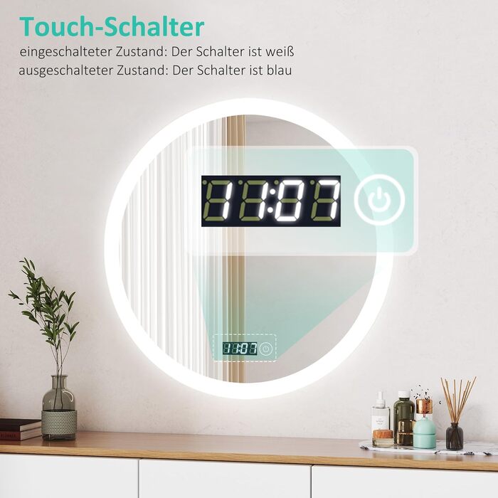 Круглий дзеркало для ванної кімнати Boromal з підсвічуванням, годинником та 3 кольорами світла (60см)