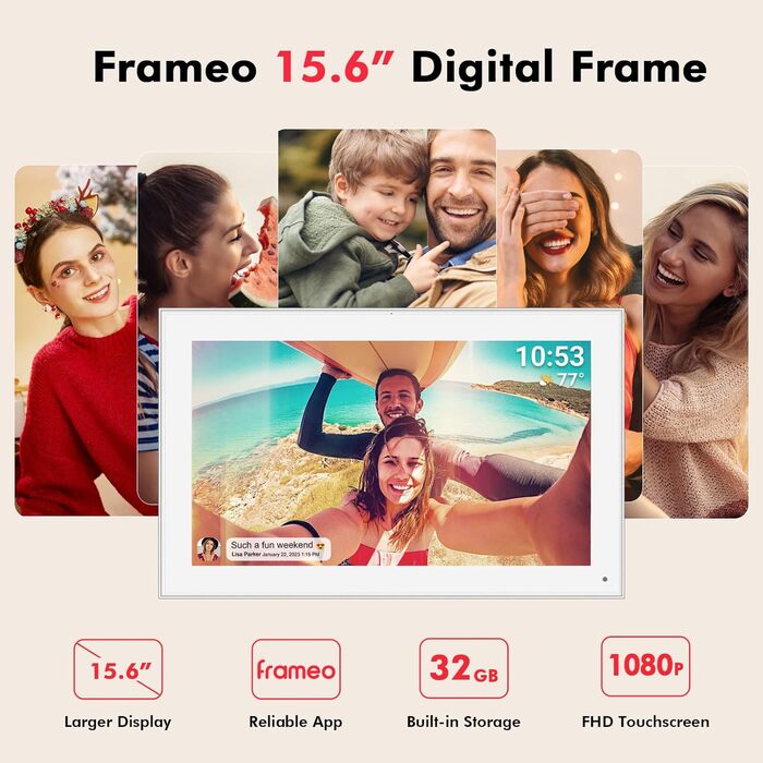 Цифровий фоторамка FRAMEO з Wi-Fi, 32 ГБ, 10,1 дюйма, IPS LCD, сенсорний екран, Smart Cloud, автоматичне обертання, підключення до Frameo App (15,6 дюйми, білий)