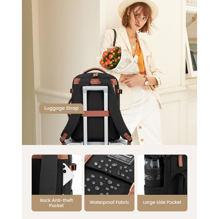 Рюкзак LOVEVOOK для ручної поклажі в літак, жіночий, водонепроникний, універсальний, для ноутбука 17 дюймів, шкільний, для студентів, подорожей, чорний/коричневий, 45x32x15 см