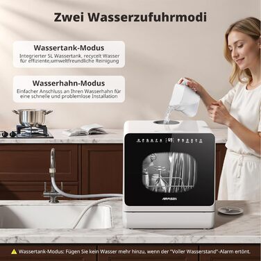 Mini посудомийна машина AIRMSEN з 8+3 програмами, 5л, система пом'якшення води, таймер, дитячий замок, білий/чорний
