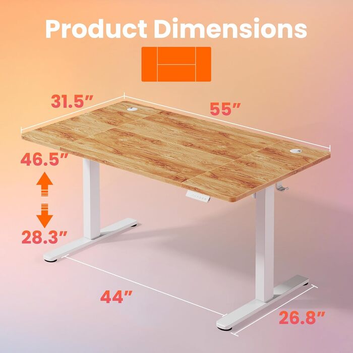 Регульований за висотою стіл HUANUO, 4 положення пам'яті, електричний, для дому та офісу, стоячий стіл, світло-коричневий, 140 x 80 см