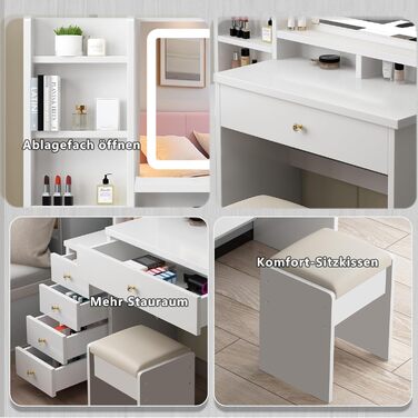 Дзеркальний туалетний столик з LED-підсвічуванням та пуфом, 6 шухляд, 3 відкриті полиці, для спальні, білий, з дерева