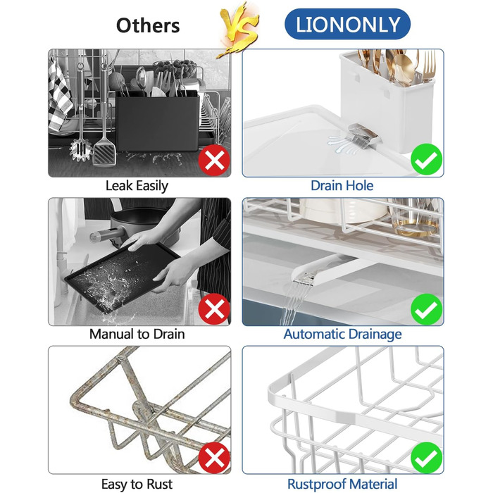 Сушарка для посуду LIONONLY, 2-рівнева сушарка для посуду з піддоном для крапель, сушарка з нержавіючої сталі з тримачем для посуду, підстаканник і поворотний носик, посуд Сушарка для посуду Кухня (біла, велика)