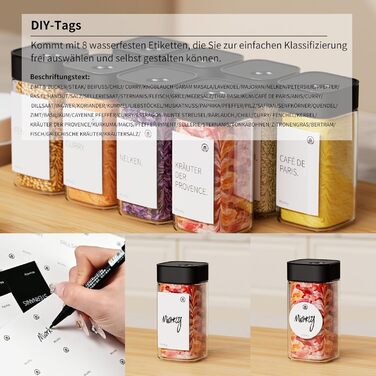 Набір контейнерів для спецій Miorkly - 24 шт. з чорними кришками з нержавіючої сталі, 120 мл, з ситечком, високоякісні, скляний органайзер з воронкою, етикетками та ручкою