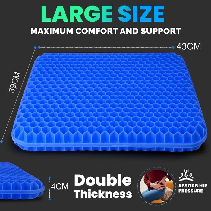 Ортопедична гелева подушка на сидіння для офісного стільця, авто та візка — м'яка подушка з протиковзаючим знімним чохлом (Синій, 43x39x4 см)