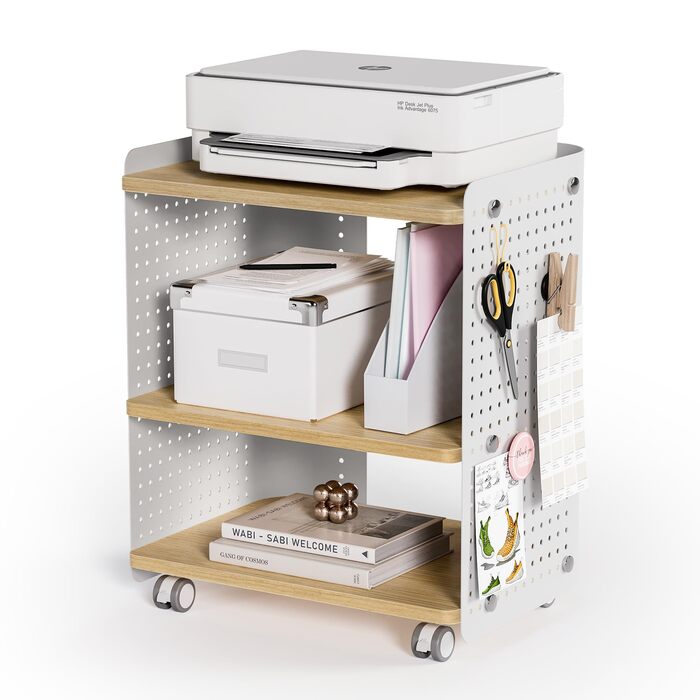 Стіл для принтера Fenge з колесами, мобільний тримач для принтера з перфорацією, 3 рівні, стійка для принтера/роликовий контейнер з органайзером, полиця, шафа для документів, для офісу та дому, 45,3x33,5x53,5 см (Дуб+Білий)