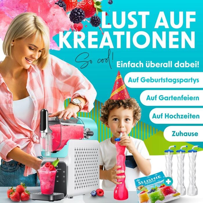 Машина для приготування сляшу KESSER® - сляш-мейкер 2л - для сляшу, коктейлів, фраппе, молочних коктейлів та замороженого соку - за 25 хв з 6 програмами - з 3 стаканами та книгою рецептів, (2 літри, світло-блакитний)