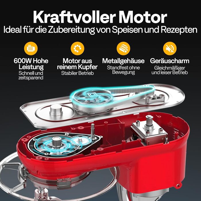 Кухонна машина VIVOHOME 5.7L: потужний міксер з 10 швидкостями, функцією імпульсу та набором насадок (червоний)